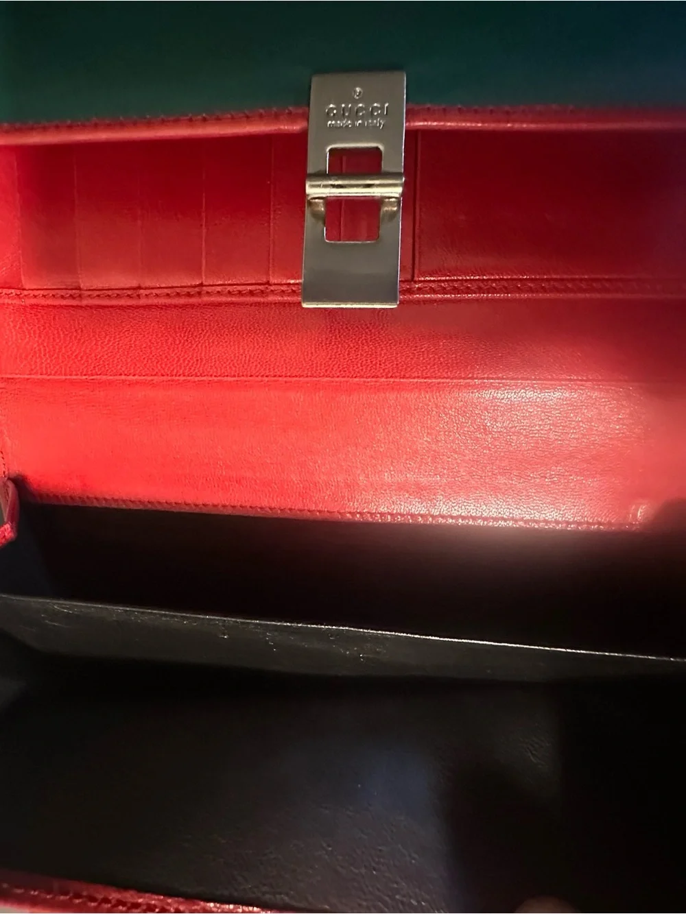 Gucci Green and Black Leather Clutch with Red Trim